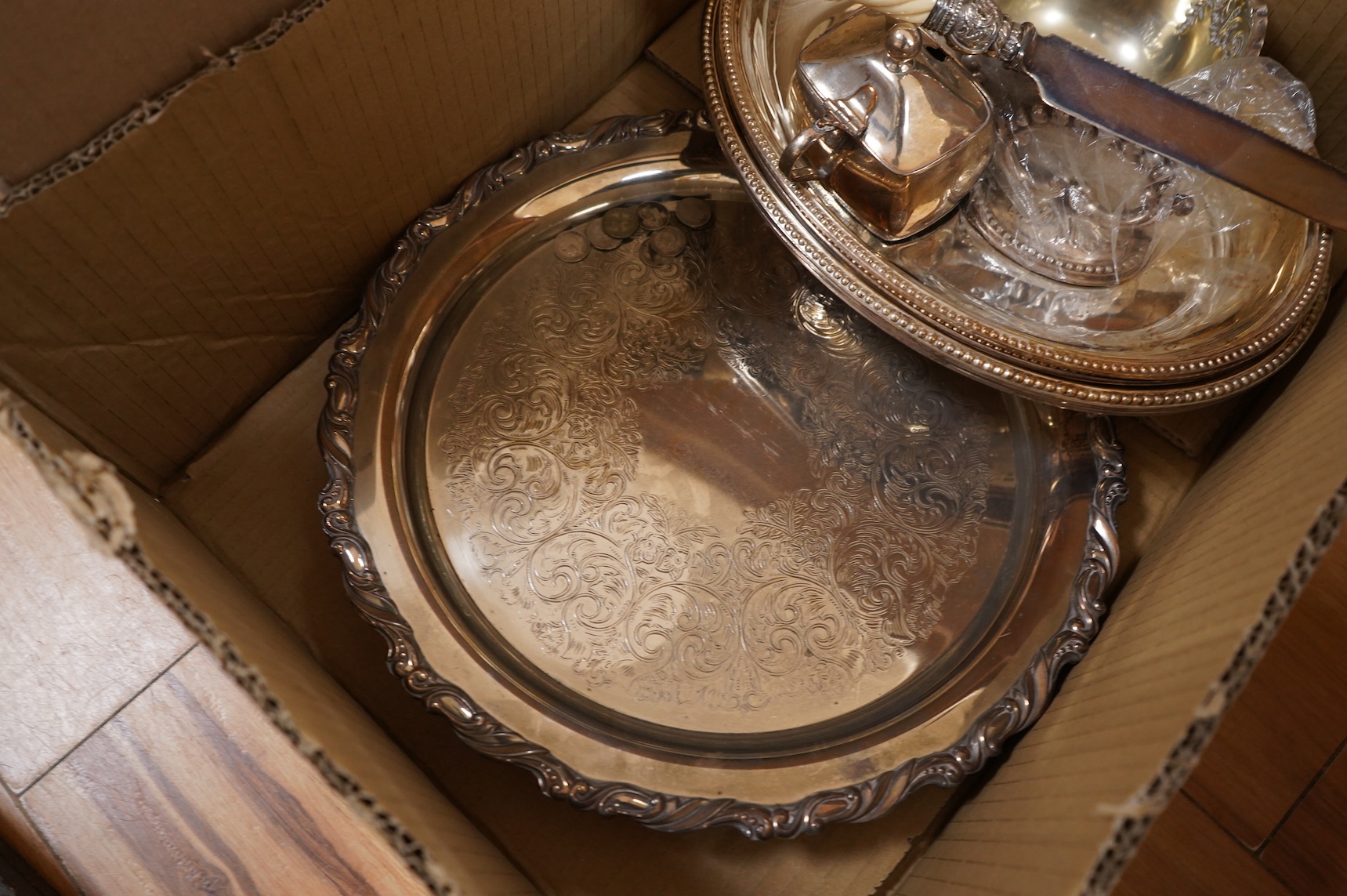 Assorted plated wares including pair of dwarf candlesticks, two pairs of entrée dishes, cased horn handled servers, set of flower holders, bread knife, mustard pot, salver, silver coins, two ceramic toby jugs, four pewte
